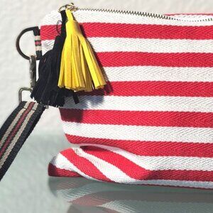 Spacious Red Beige Striped Canvas Clutch Wristlet Bag w/ Decorative Tassels New